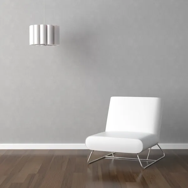 Белый стул и лампа на сером — стоковое фото