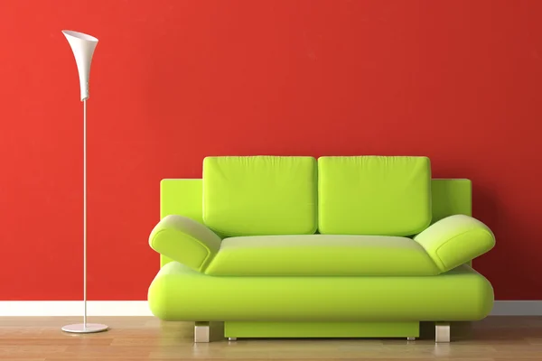 Design de interiores sofá verde no vermelho — Fotografia de Stock