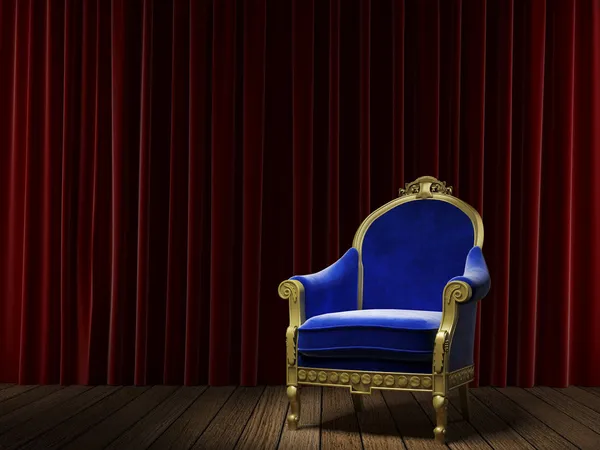 Blauer klassischer Sessel auf rotem Vorhang — Stockfoto