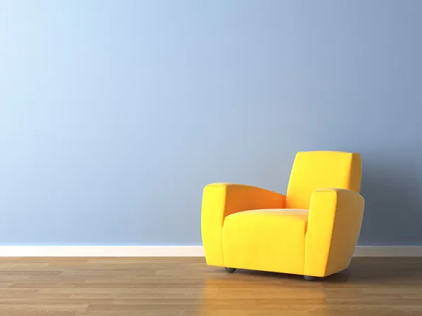 Fauteuil design intérieur jaune sur mur bleu — Photo