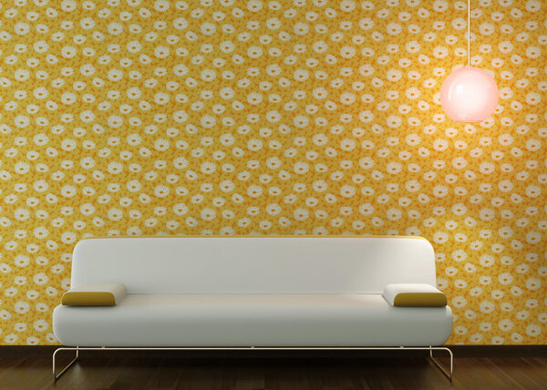 Дизайн интерьера белого дивана на цветочных обоях
