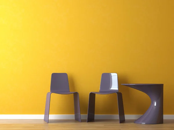 Design de interiores cadeiras modernas e mesa na parede laranja — Fotografia de Stock