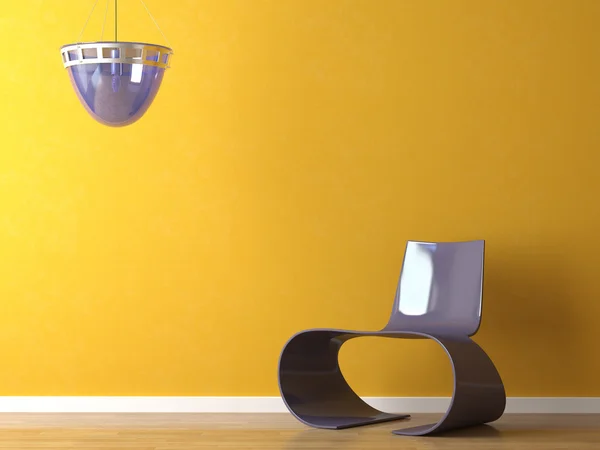 Projektowanie wnętrz nowoczesne fioletowy fotel na ścianie pomarańczowy — Zdjęcie stockowe