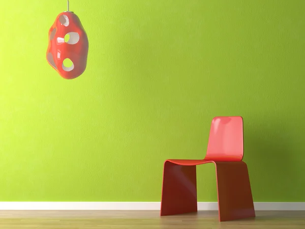 Дизайн интерьера красного кресла на зеленой стене — стоковое фото