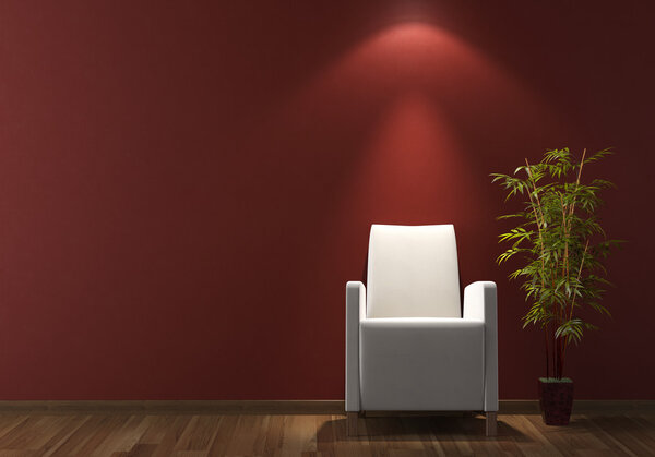 Interior design white armchair on bordeaux wall