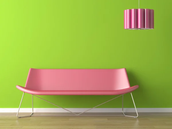 Iç tasarım yeşil duvar fuxia kanepe ve lamba — Stok fotoğraf