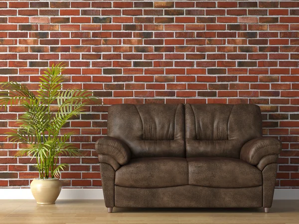 Kožený gauč na cihlovou zeď — Stock fotografie