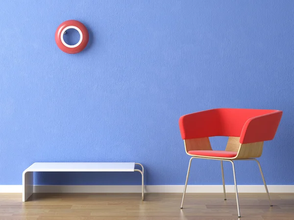 Sedia rossa su parete blu — Foto Stock