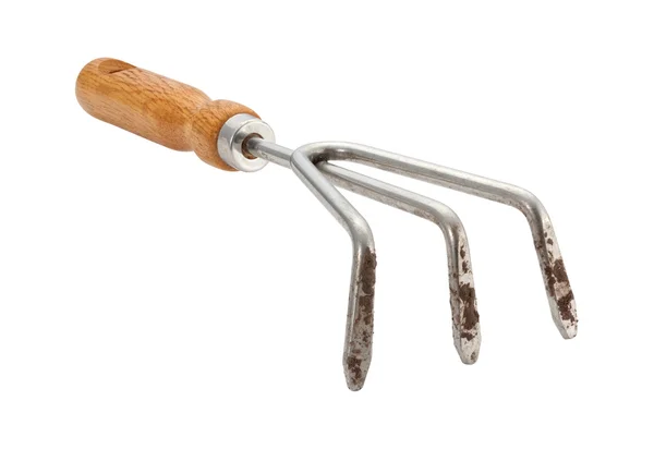 Garden Claw Cultivator with Dirt and clipping path — Stock Photo, Image
