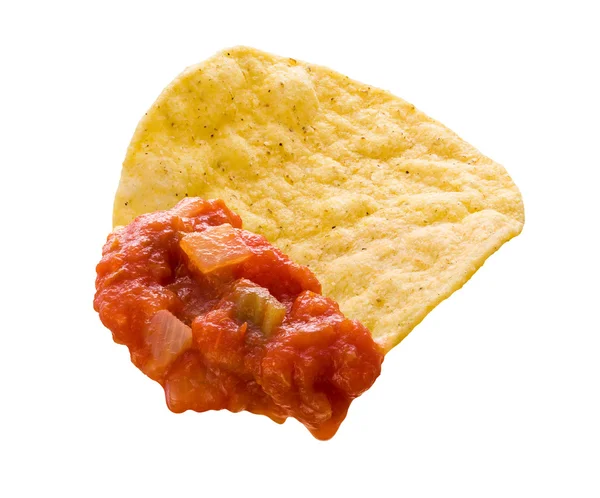 Chip e Salsa isolados com um caminho de recorte — Fotografia de Stock