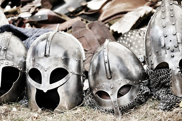 Bunch of helmets and armors after the big battle