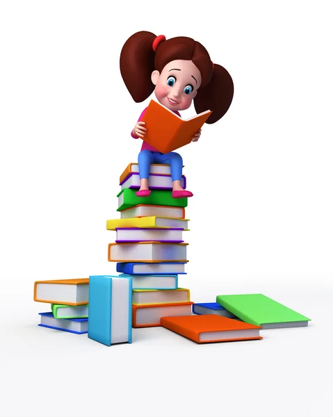 Cute girl is sitting on the books — Stock Photo, Image