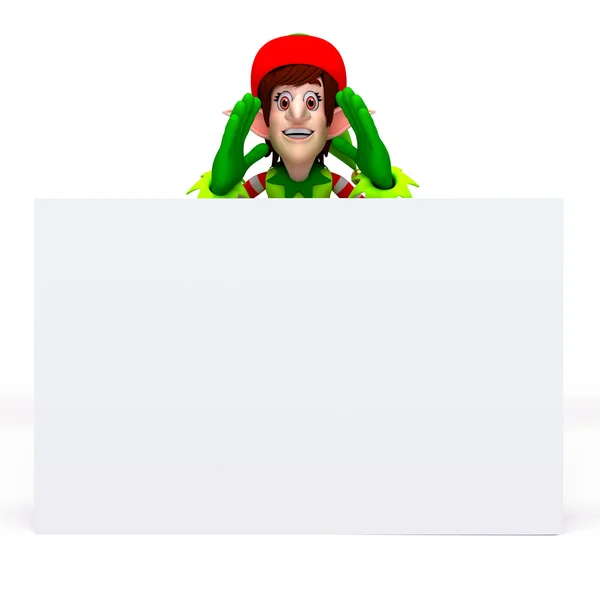 Happy enjoying elves with gift and sign — Stock Photo, Image