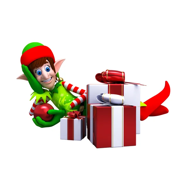 Felices elfos disfrutando con regalo y signo — Foto de Stock