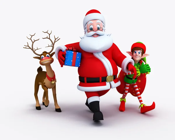 Kerstman met Elfen en rendieren — Stockfoto