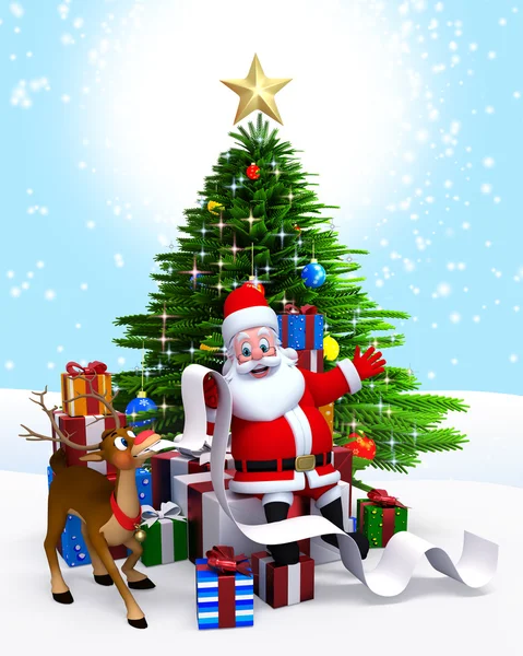 Santa & χριστουγεννιάτικο δέντρο, λίστα δώρων — Φωτογραφία Αρχείου