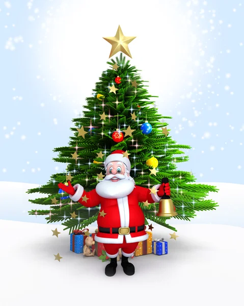 Weihnachtsmann mit Glocke & Weihnachtsbaum — Stockfoto