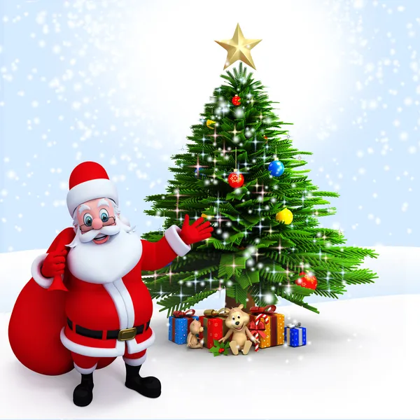 Santa claus wijzen op een kerstboom — Stockfoto