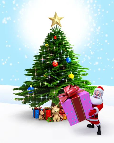 Weihnachtsmann mit Geschenk und Weihnachtsbaum. — Stockfoto