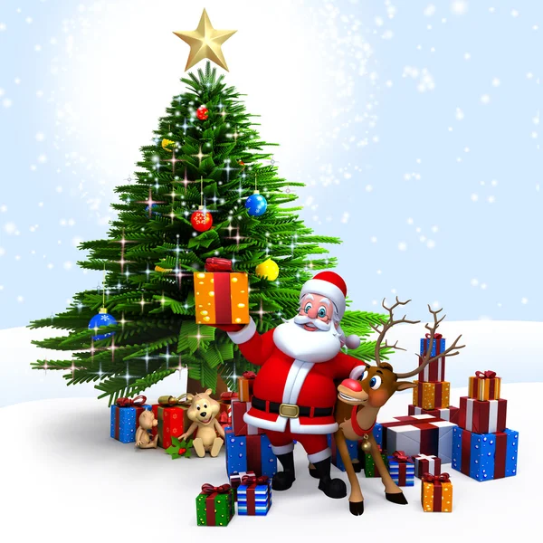 Санта со своими оленями и подарками — стоковое фото