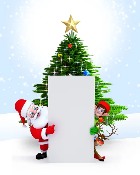Papai Noel, Elfos e renas com sinal — Fotografia de Stock