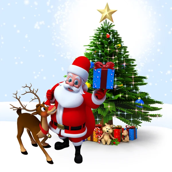 Santa with reindeer and gift box — Stock Photo, Image