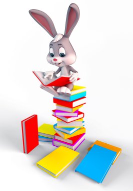 bunny büyük kitap yığınının üzerinde oturuyordu