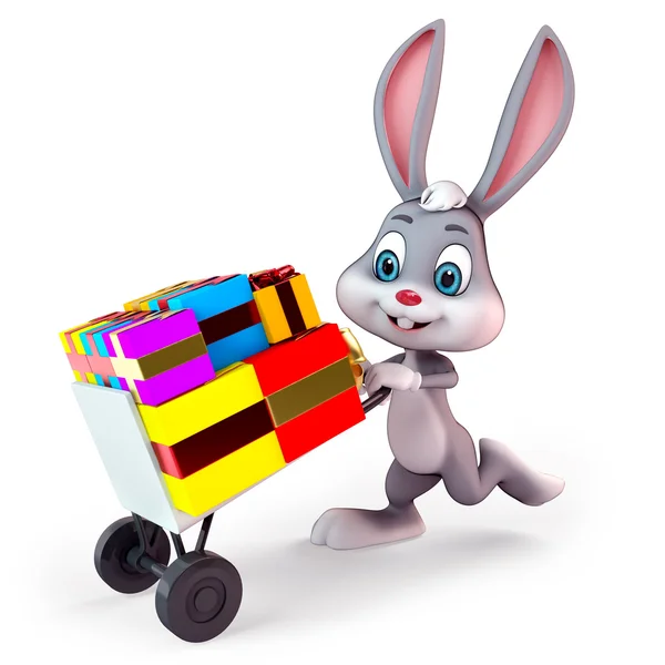 Söt glad kanin med massor av presenter — Stockfoto