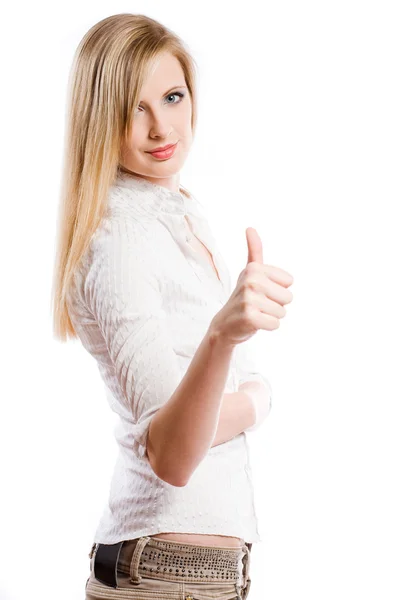 Selbstbewusste junge blonde Frau zeigt Daumen hoch. — Stockfoto