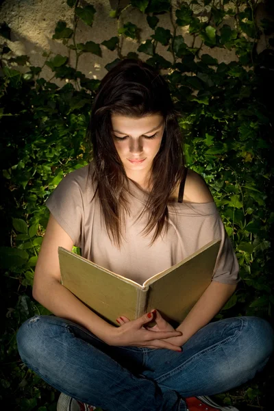 La magia dei libri. Bella bruna yopung immersa nel readin — Foto Stock