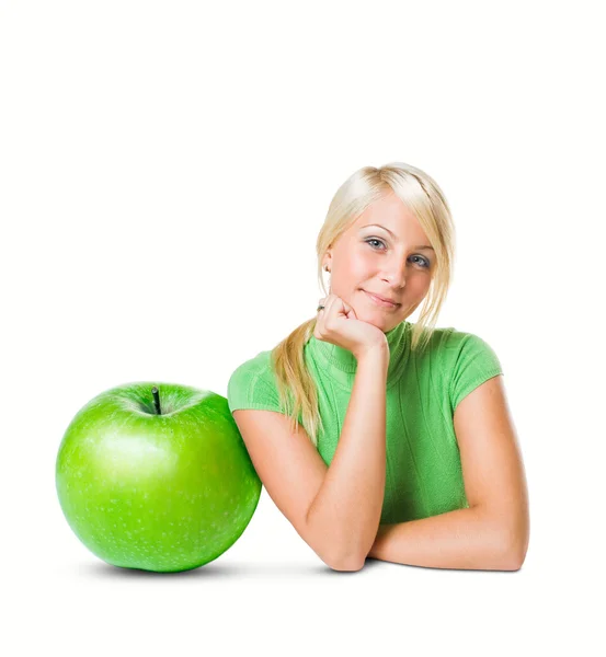 Fresh young blond with fresh green apples. — Stock Photo, Image