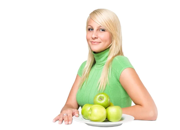 Fresh young blond with fresh green apples. — Stock Photo, Image