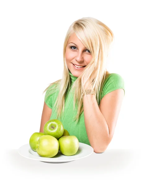 Φρέσκο νεαρή ξανθιά με φρέσκα πράσινα μήλα. — Φωτογραφία Αρχείου