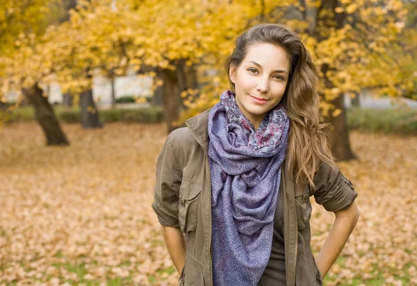 Krásný podzim s krásná brunetka. — Stock fotografie