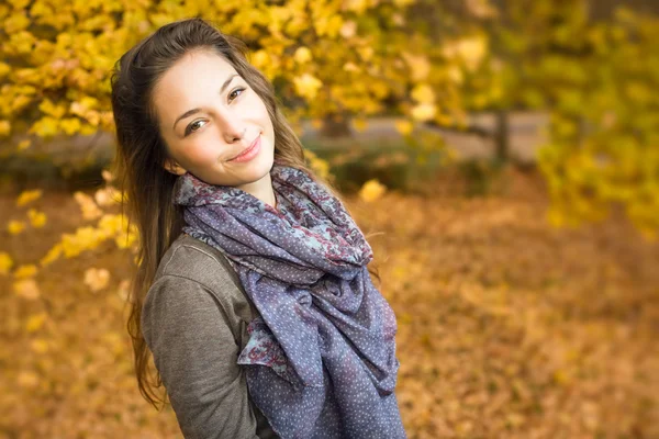 Autumn park and a beautiful brunette. — Stock Photo, Image