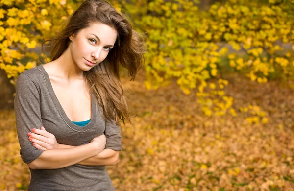 Jesień w parku i piękna brunetka. — Zdjęcie stockowe