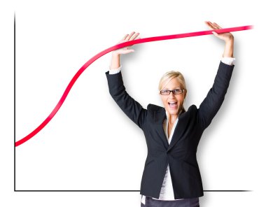 Blond busnes woman pushing the graph line. clipart