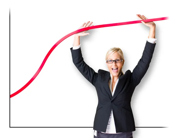 stock image Blond busnes woman pushing the graph line.