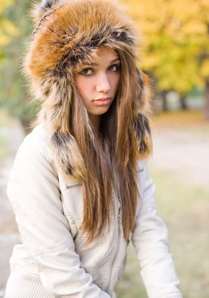 Cuteness in fur hat. — Stock Photo, Image