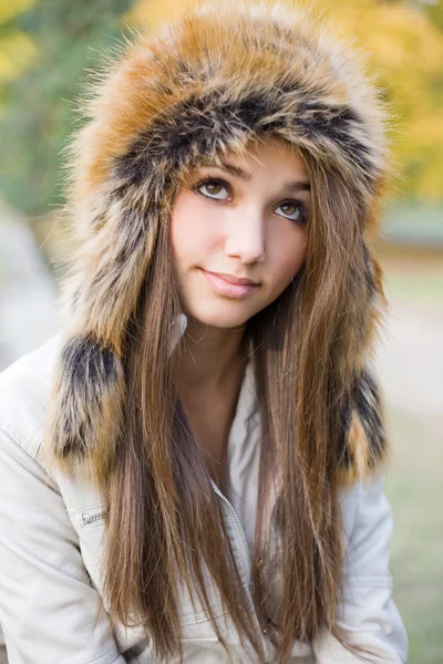 Cuteness in fur hat. — Stock Photo, Image