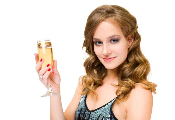 Mulher loira jovem atraente com copo de champanhe . — Fotografia de Stock