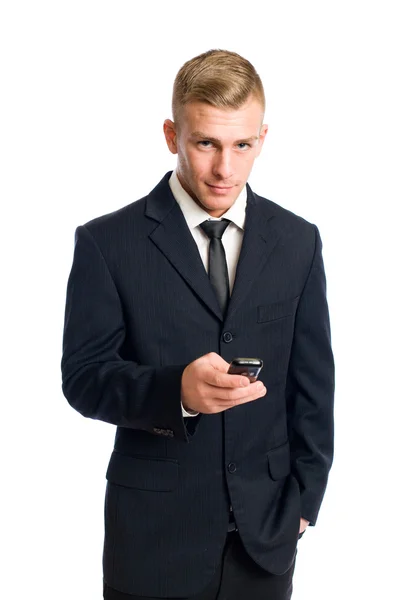 Joven empresario inteligente con su teléfono celular . — Foto de Stock