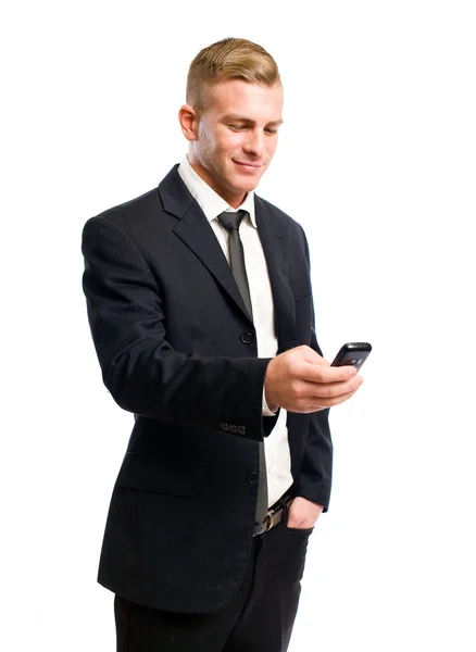 Erfolgreicher Jungunternehmer auf seinem Handy. — Stockfoto