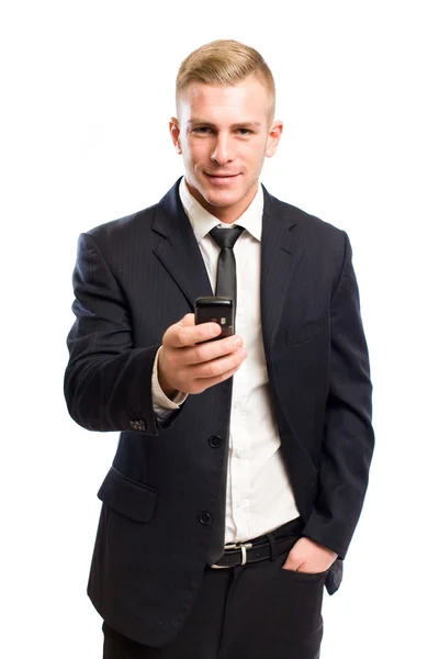 携帯電話でハンサムな若いビジネスマン. — ストック写真