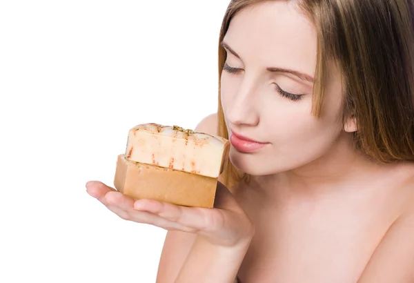 Spa beauty with hand crafted organic soap. — Stock Photo, Image