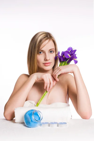 Pure spa beauty with iris flower. Stock Photo