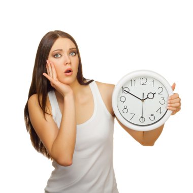 The young woman with clock is upset and surprised clipart