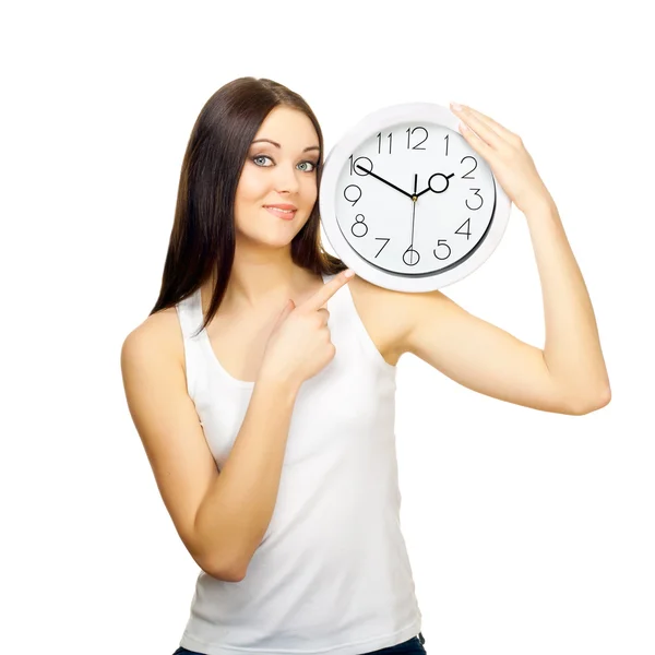 stock image The girl with clock on a shoulder