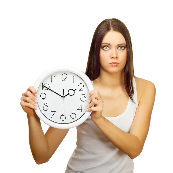 stock image The girl with clock becomes angry