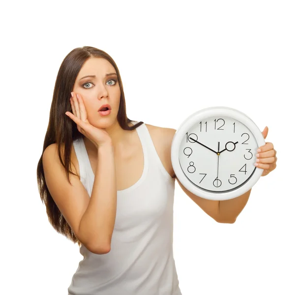 The young woman with clock is upset and surprised — Stock Photo, Image